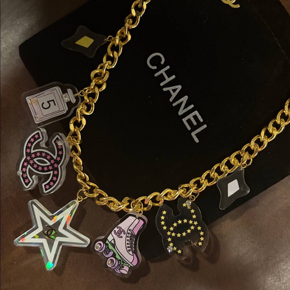 CHANEL Gold Chain Charm Necklace with Pink, White, Yellow & Black Enamel Charms - Picture 3 of 6